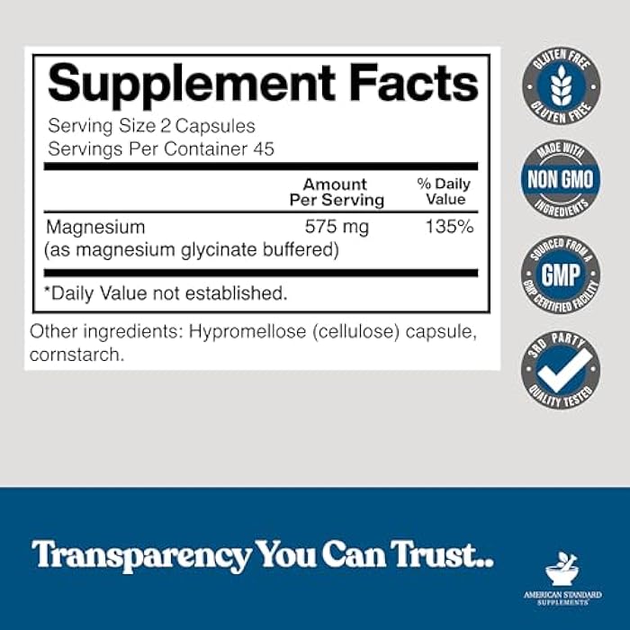 American Standard Supplements Magnesium Glycinate 575mg per Serving, 90 Veggie Capsules, Magnesium Supplement for Bone & Muscle Health, Chelated for Maximum Absorption - Image 2