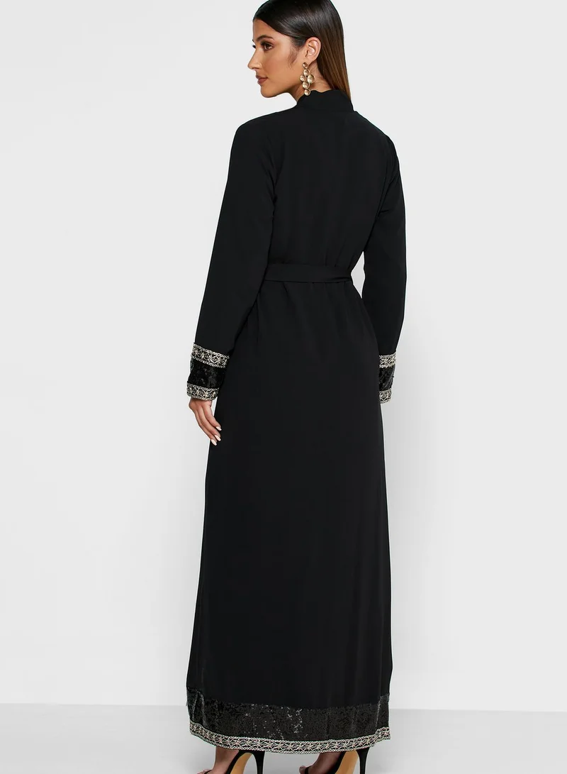 Khizana Embroidered Sequin Trim Self Tie Abaya
