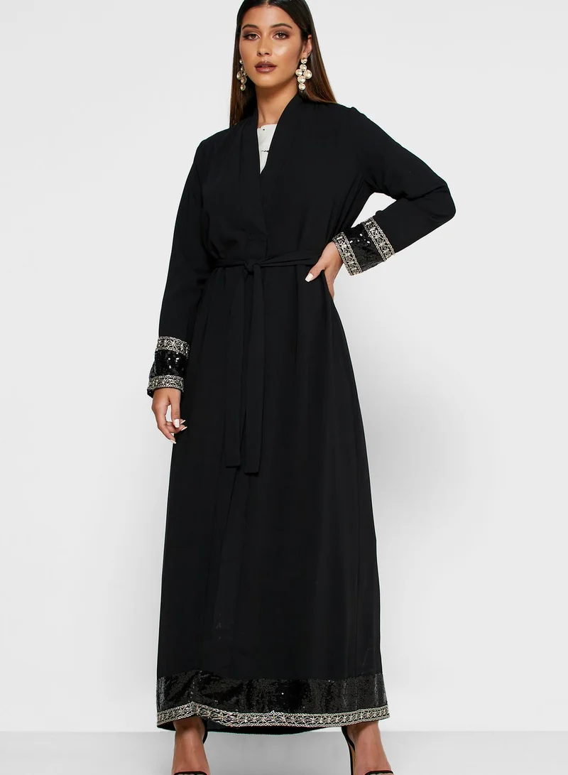 Khizana Embroidered Sequin Trim Self Tie Abaya