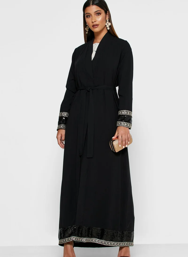 Khizana Embroidered Sequin Trim Self Tie Abaya