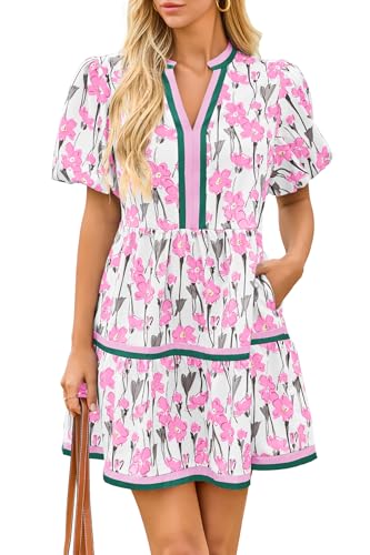 Cicy Bell Womens V Neck Floral Mini Dress Short Puff Sleeve Patchwork Summer Casual Boho Dresses Light Pink - Image 1