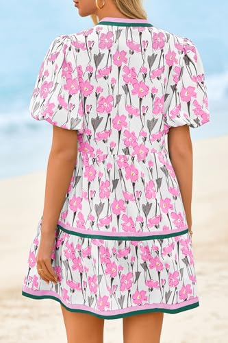 Cicy Bell Womens V Neck Floral Mini Dress Short Puff Sleeve Patchwork Summer Casual Boho Dresses Light Pink - Image 5
