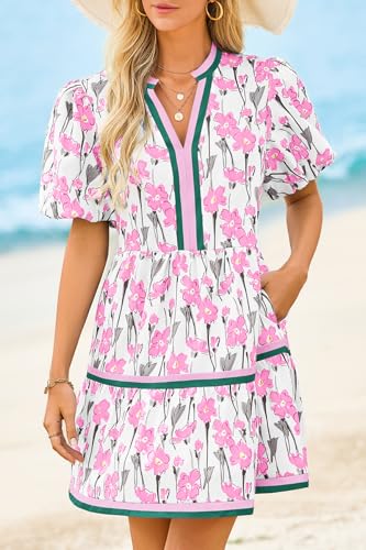 Cicy Bell Womens V Neck Floral Mini Dress Short Puff Sleeve Patchwork Summer Casual Boho Dresses Light Pink - Image 3