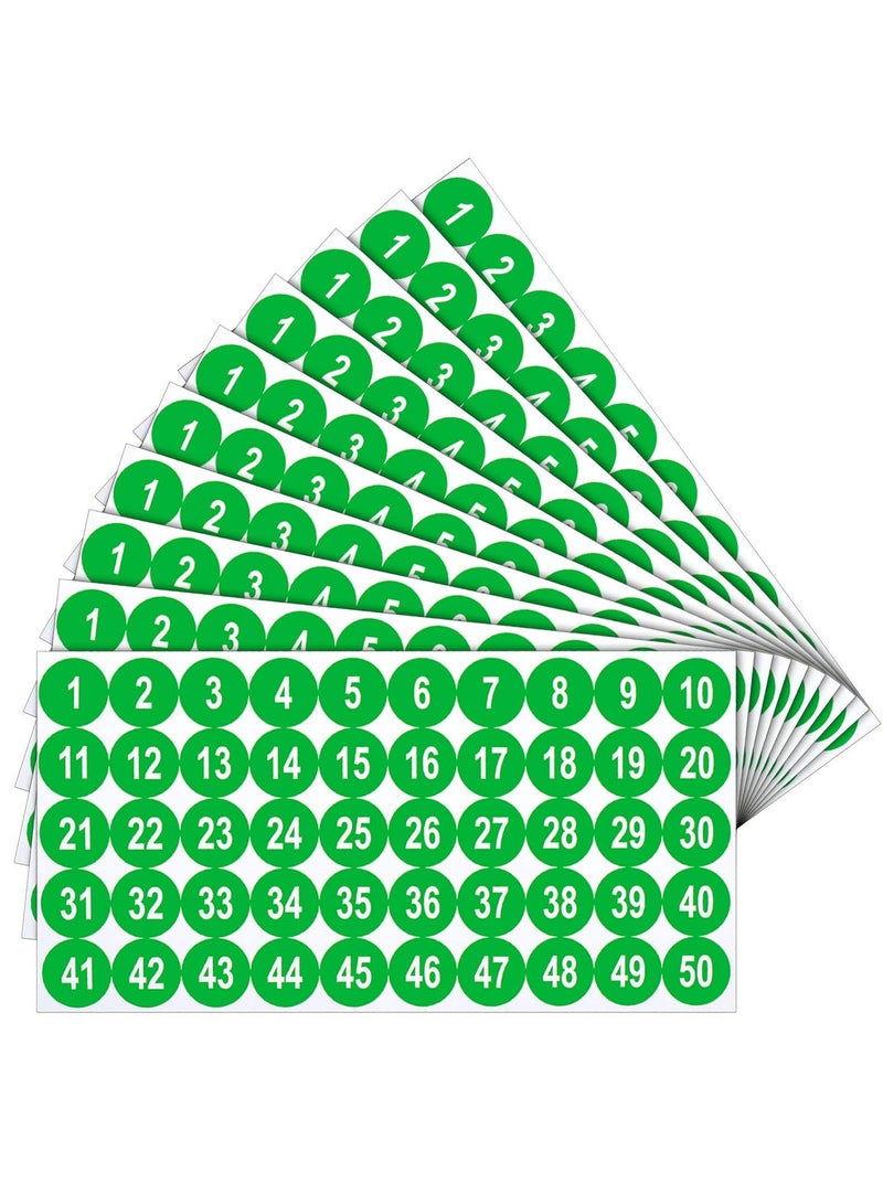 Excefore Number Stickers, Consecutive Number Stickers (1-50) 2.54cm Number Labels Waterproof Self-Adhesive Universal Label for Indoor Outdoor Daily Storage Uses (Green, 10 Sheets) - Image 1