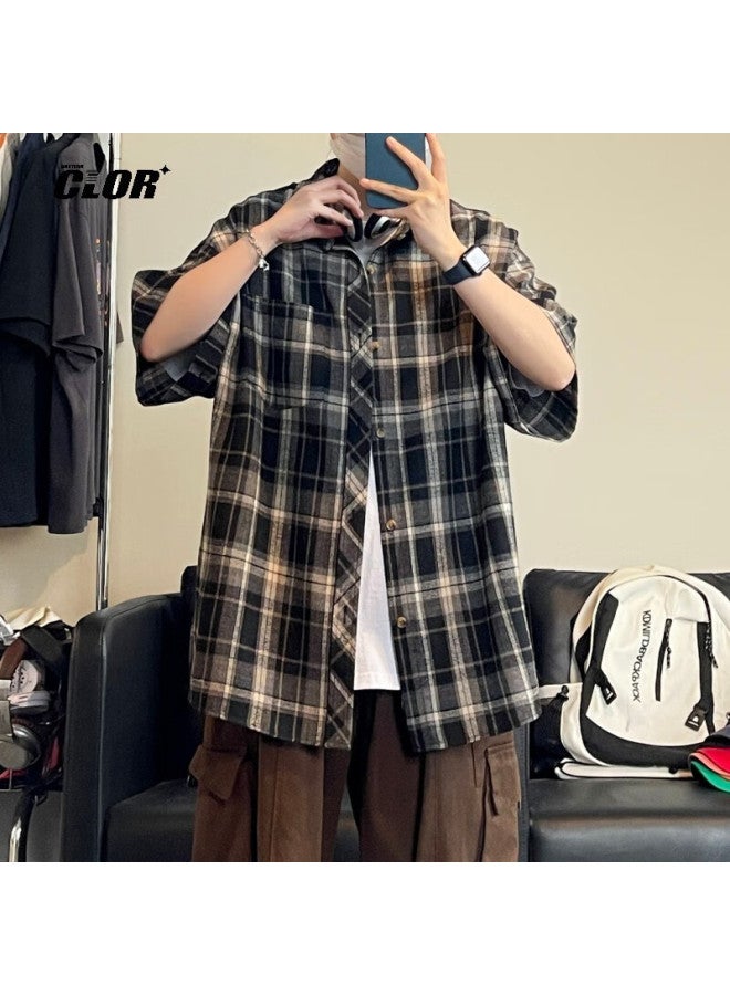 Clor American Leisure Retro Loose Shirt Summer Plaid Trend Thin Short-sleeved Jacket Clcx06 Coffee Color 4XL - Image 4