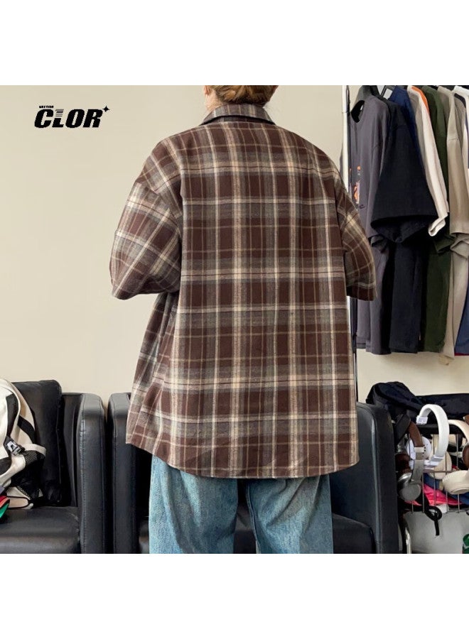 Clor American Leisure Retro Loose Shirt Summer Plaid Trend Thin Short-sleeved Jacket Clcx06 Coffee Color 4XL - Image 2