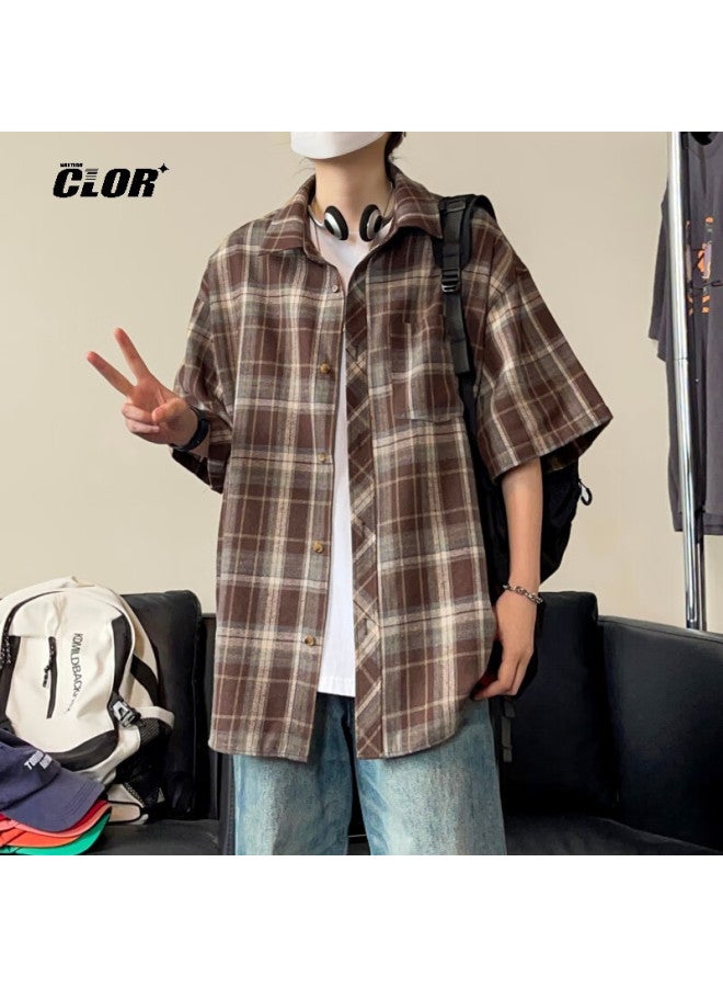 Clor American Leisure Retro Loose Shirt Summer Plaid Trend Thin Short-sleeved Jacket Clcx06 Coffee Color 4XL - Image 1