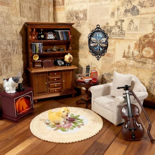 Furjane 112 Scale Miniature House Furniture Set Classic Mini Furniture Sofa Set with Pillows Mini Couch Carpet Wooden Furnitures Bookshelf Desk Chair Living Room Scene Decor - Image 5