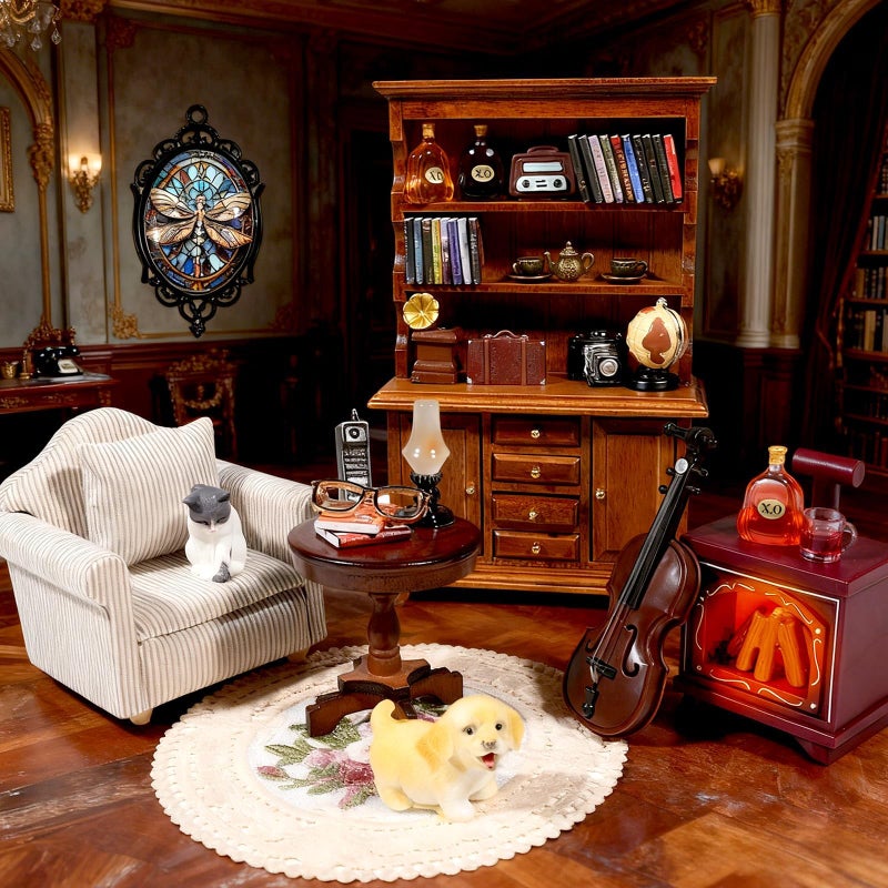 Furjane 112 Scale Miniature House Furniture Set Classic Mini Furniture Sofa Set with Pillows Mini Couch Carpet Wooden Furnitures Bookshelf Desk Chair Living Room Scene Decor - Image 3