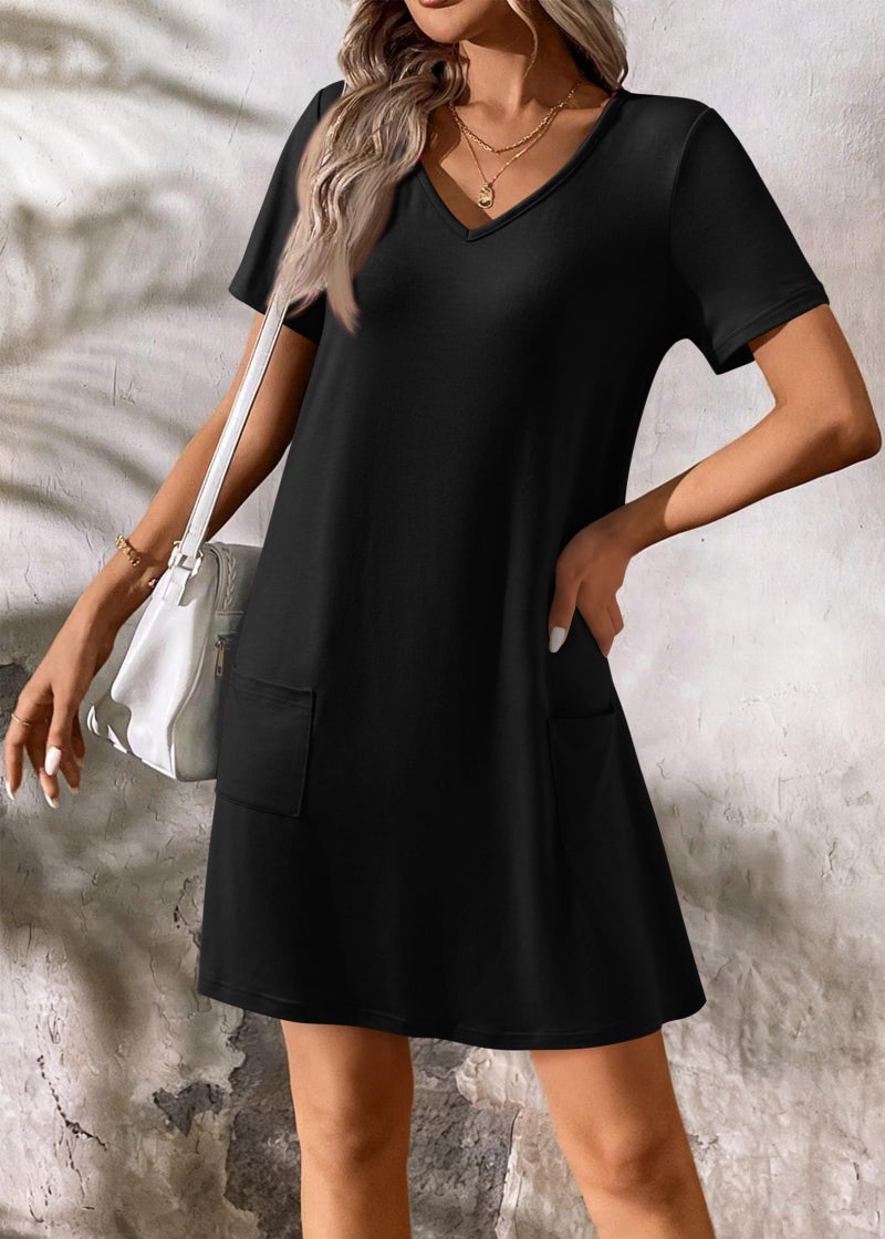 ATHMILE Dresses for Women 2026 V Neck Short Sleeve Casual T Shirt Dress Sundresses Swimsuit Coverup with Pockets Black - Image 3