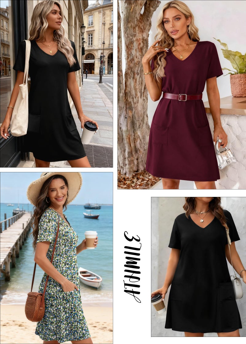 ATHMILE Dresses for Women 2026 V Neck Short Sleeve Casual T Shirt Dress Sundresses Swimsuit Coverup with Pockets Black - Image 5