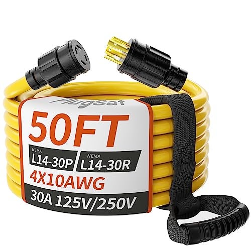 PlugSaf 50FT 30 Amp Generator Extension Cord 4 Prong, NEMA L14-30P/L14-30R 10 Gauge STW 125/250V Twist Lock Generator Cord Heavy Duty, Yellow ETL Listed - Image 1