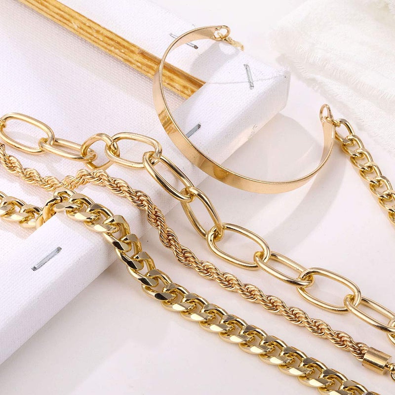 IFKM Gold Bracelets for Women, 14K Gold Plated Dainty Layered Chain Bracelets Adjustable Cute Bangle Link Bracelet Set (4 PCS Gold Plated) - Image 3