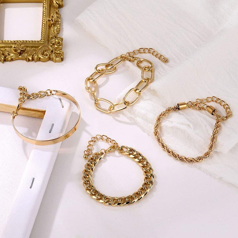 IFKM Gold Bracelets for Women, 14K Gold Plated Dainty Layered Chain Bracelets Adjustable Cute Bangle Link Bracelet Set (4 PCS Gold Plated) - Image 2