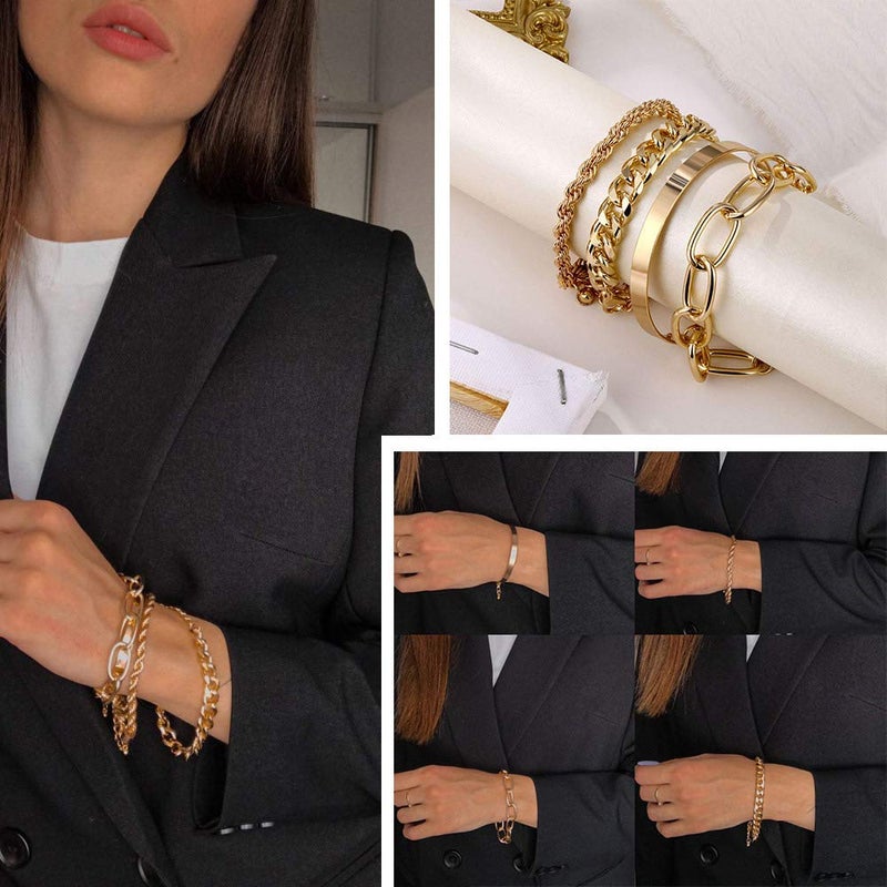 IFKM Gold Bracelets for Women, 14K Gold Plated Dainty Layered Chain Bracelets Adjustable Cute Bangle Link Bracelet Set (4 PCS Gold Plated) - Image 5