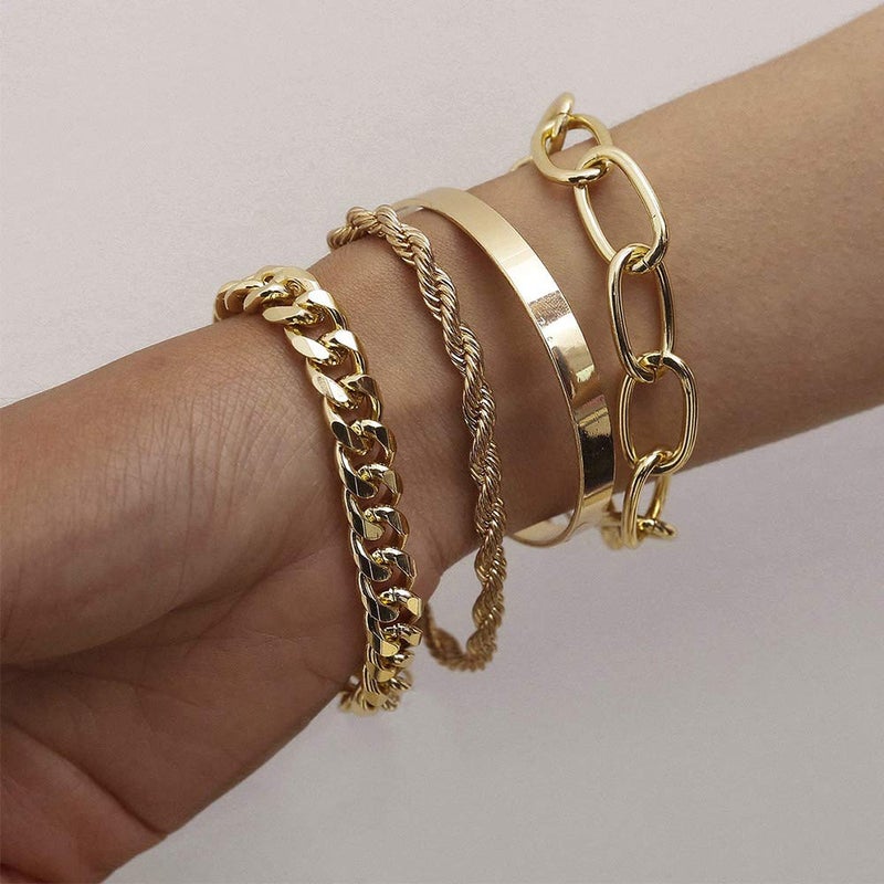 IFKM Gold Bracelets for Women, 14K Gold Plated Dainty Layered Chain Bracelets Adjustable Cute Bangle Link Bracelet Set (4 PCS Gold Plated) - Image 4