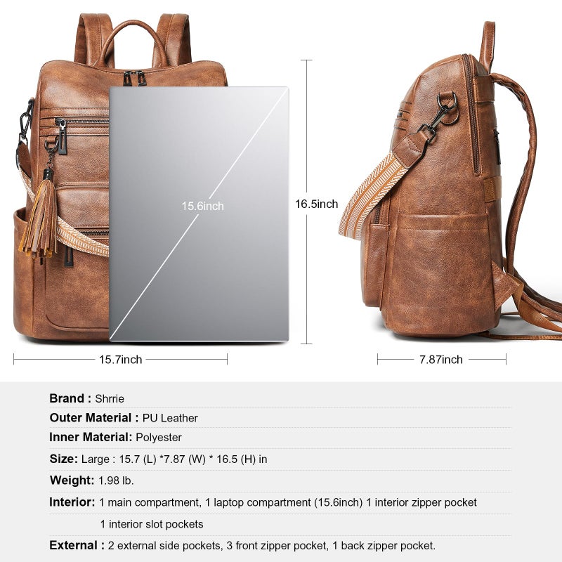 Shrrie 15.6 inch Laptop Backpack for Women,Large Leather Backpack Purse,Travel,Carry on,Water Resistant Casual Laptop Backpacks,College Backpack,Work Backpack for Women,Two-toned Brown - Image 5