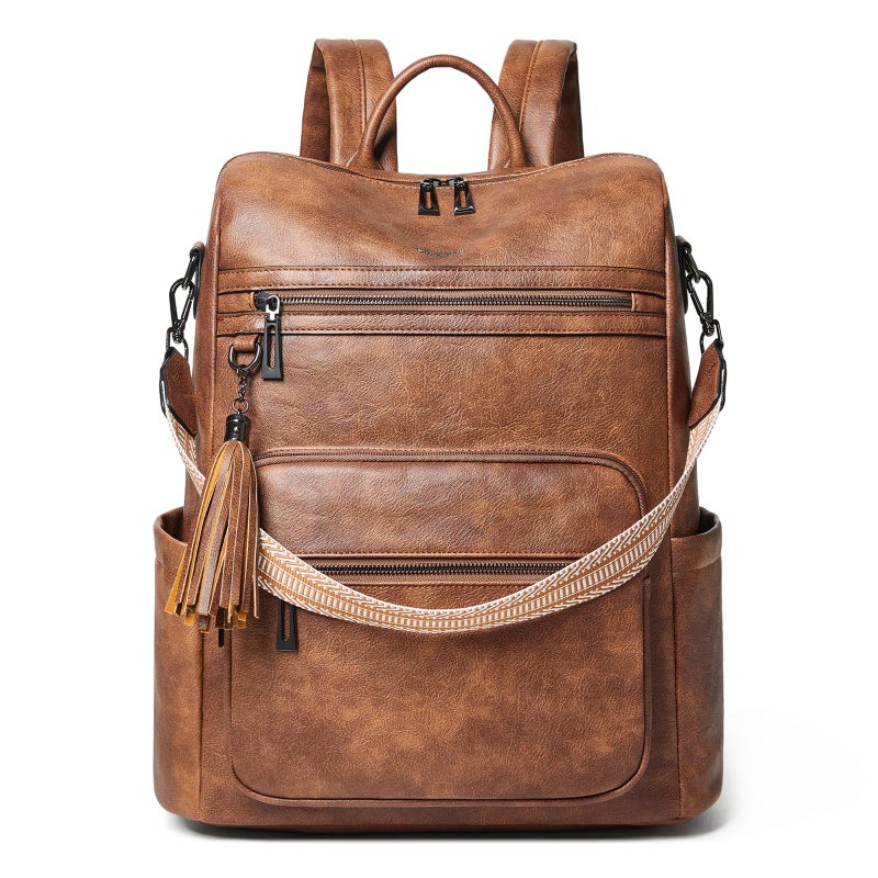 Shrrie 15.6 inch Laptop Backpack for Women,Large Leather Backpack Purse,Travel,Carry on,Water Resistant Casual Laptop Backpacks,College Backpack,Work Backpack for Women,Two-toned Brown - Image 1