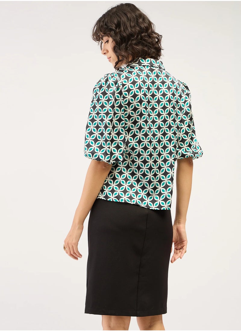 Salt Attire Women's Geometric Patterned Top | Notched Collar with Front Pleat Detail & 3/4 Length Blouson Sleeves | Stylish, Modern Design for Versatile Day to-Night Wear  - Image 2
