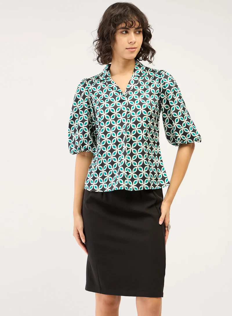Salt Attire Women's Geometric Patterned Top | Notched Collar with Front Pleat Detail & 3/4 Length Blouson Sleeves | Stylish, Modern Design for Versatile Day to-Night Wear