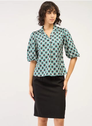 Women's Geometric Patterned Top | Notched Collar with Front Pleat Detail & 3/4 Length Blouson Sleeves | Stylish, Modern Design for Versatile Day to-Night Wear - pzsku/ZF0699B96528BA26E30A2Z/45/_/1732169690/617aca6b-92d2-4633-a71b-d3f2940a66da