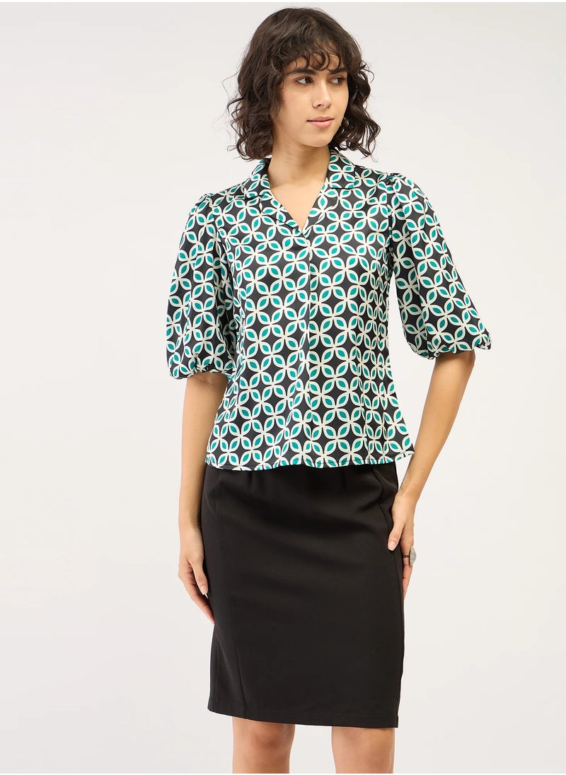 Salt Attire Women's Geometric Patterned Top | Notched Collar with Front Pleat Detail & 3/4 Length Blouson Sleeves | Stylish, Modern Design for Versatile Day to-Night Wear  - Image 1