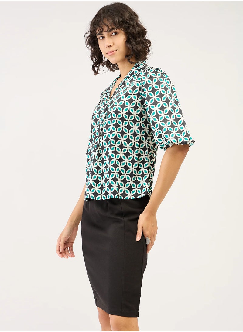 Salt Attire Women's Geometric Patterned Top | Notched Collar with Front Pleat Detail & 3/4 Length Blouson Sleeves | Stylish, Modern Design for Versatile Day to-Night Wear  - Image 4