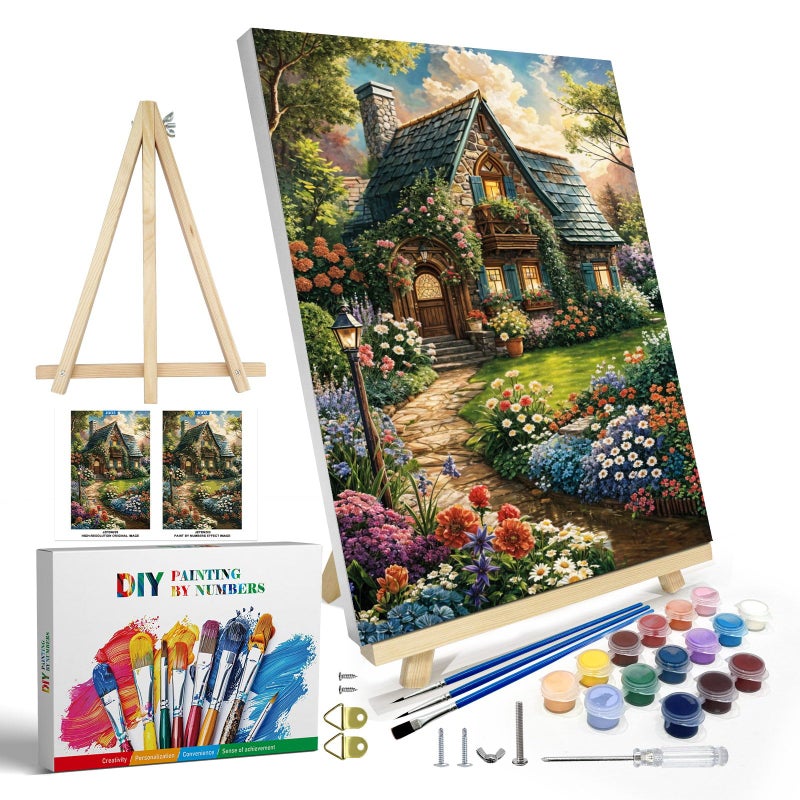 JOOZ Paint by Numbers Kit for Adults with Frame Landscape Paint by Number Canvas House Flowers Paint by Number with Easel DIY Acrylic Oil Painting Kit for Home Wall Decor 8 x 12 Inch