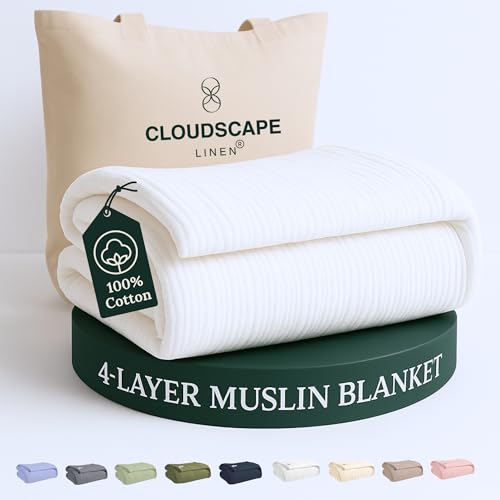 CloudScape Linen Cloud Scape Linen Oversized 4 Layer Muslin Blanket Queen Size - 100% Cotton, Lightweight & Breathable All Season Gauze, Pre-Washed, fits Full Bed, 92x92, White - Image 2