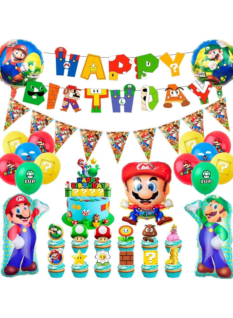 FRUITFUL PARTY Mario Birthday Party Supplies, 44pcs Mario Party Decorations Set Mario Bros Balloons, Mario Balloons Banners Cake Topper etc Mario Theme Birthday Party Supplies - Image 1
