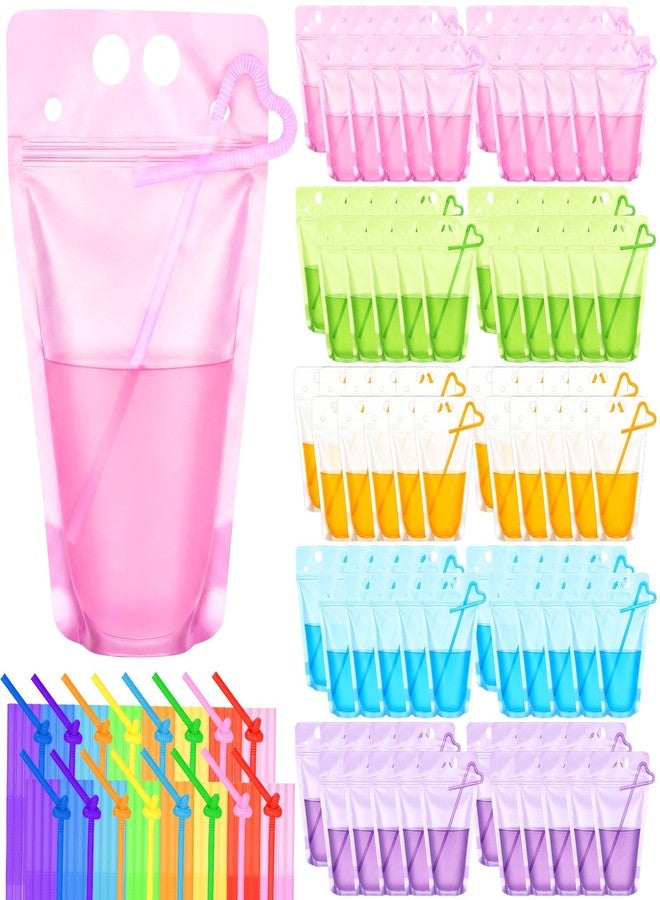 LemonRoad 100 Pcs Drink Pouches with Straws 17oz Reclosable Juice Pouches Hand-held Translucent Leakproof Zipper Plastic Bags for Juice Cocktail Smoothies Slushies Party Drinks (Multicolor) - Image 1