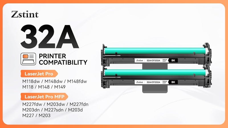 Zstint 32A CF232A Drum Unit（Not Toner) Black 2-Pack Replacement for HP 32A CF232A Imaging Drum LaserJet Pro MFP M227fdn M227fdw M227sdn M203dn M203dw M118dw M148dw M148fdw M149fdw M203 M206 M227 M230 Printer - Image 2