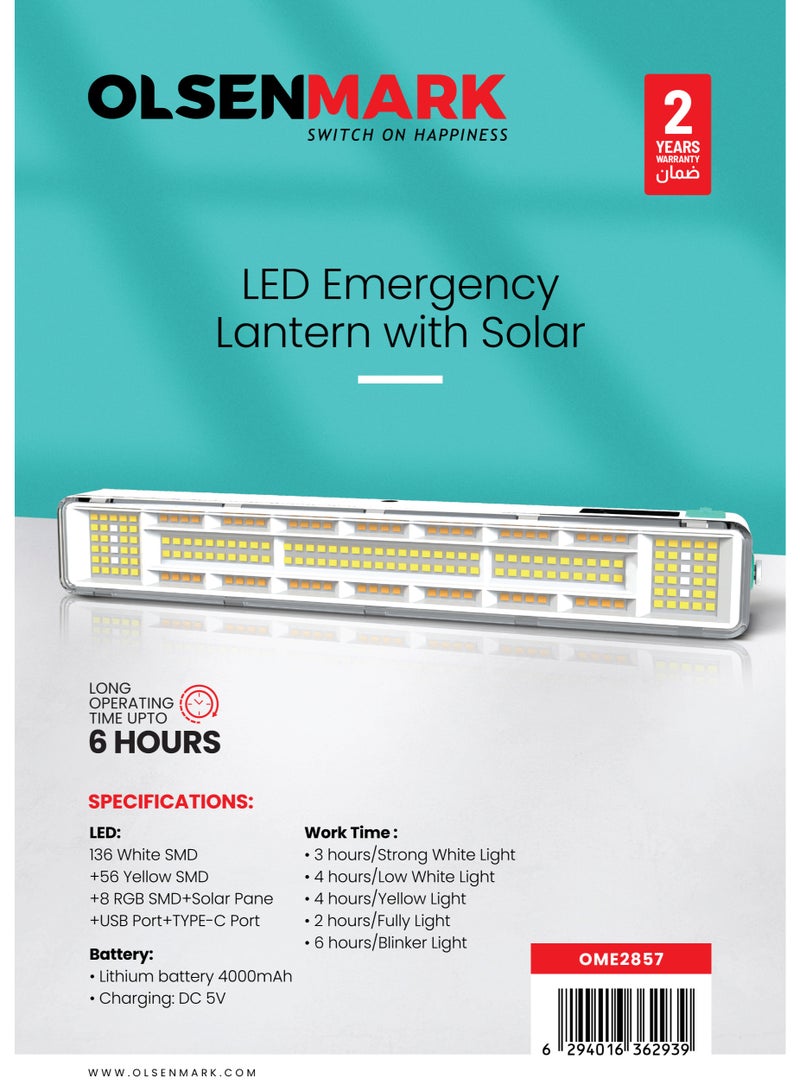 Olsenmark فانوس طوارئ LED من أولسنمارك مع الطاقة الشمسية OME2857 | بطارية 4000mAh، 136+56+8 LED SMD | مخرج USB وشحن Type-C | 6 ساعات عمل | مدمج وقابل للحمل | أبيض - Image 5