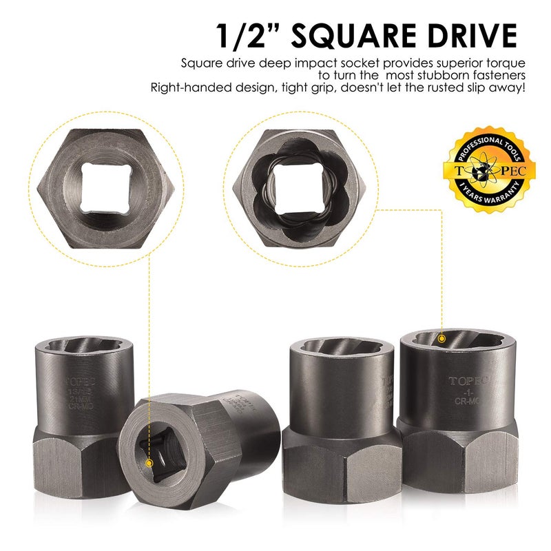 Topec 5-Piece Heavy Duty Bolt Remover Set, 1/2" Drive Impact Extractor Set, Perfect Tool Kit for Removing Stripped, Damaged, Rounded off and Rusted Bolts & Nuts, and Shorter Profile Lug Nuts - Image 3
