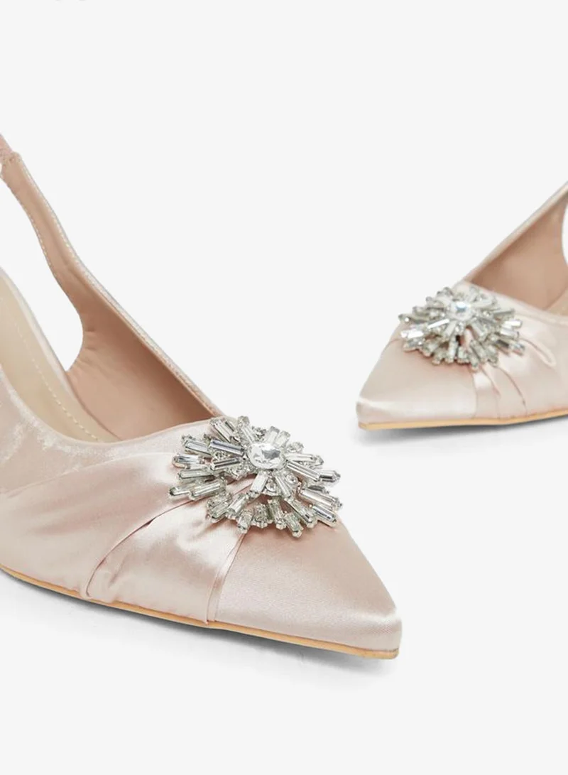 Styli Pink Embellished Slingback Low Heel Shoes