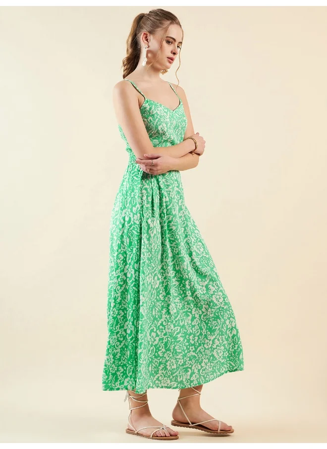 مرفوعة Women Casual Flare Floral Plain V-Neck Maxi Dress