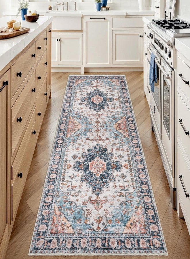 Tangsoo 2x6 Washable Runner Rug for Hallways, Non Slip Vintage Rugs, Soft Low Pile, Print Distressed Blue/Orange Carpet Runners for Kitchen Bedroom Entryway Bathroom Living Room - Image 1