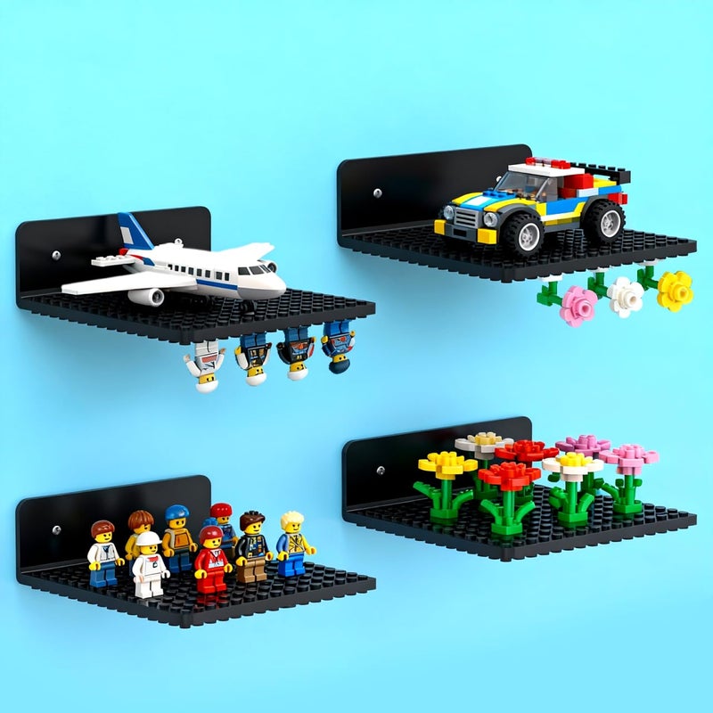 WSBXBB 4 Pack Shelves Floating for Lego Building Bricks, Dualâ€‘Sided 16x16 Studs for Lego Brick, Floating Shelves for Wall, Storage, Shelf & Display Case Wall Mount Compatible with Most Building Bricks(Black) - Image 1
