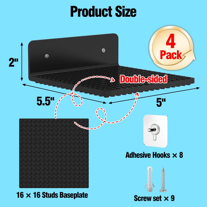 WSBXBB 4 Pack Shelves Floating for Lego Building Bricks, Dualâ€‘Sided 16x16 Studs for Lego Brick, Floating Shelves for Wall, Storage, Shelf & Display Case Wall Mount Compatible with Most Building Bricks(Black) - Image 4