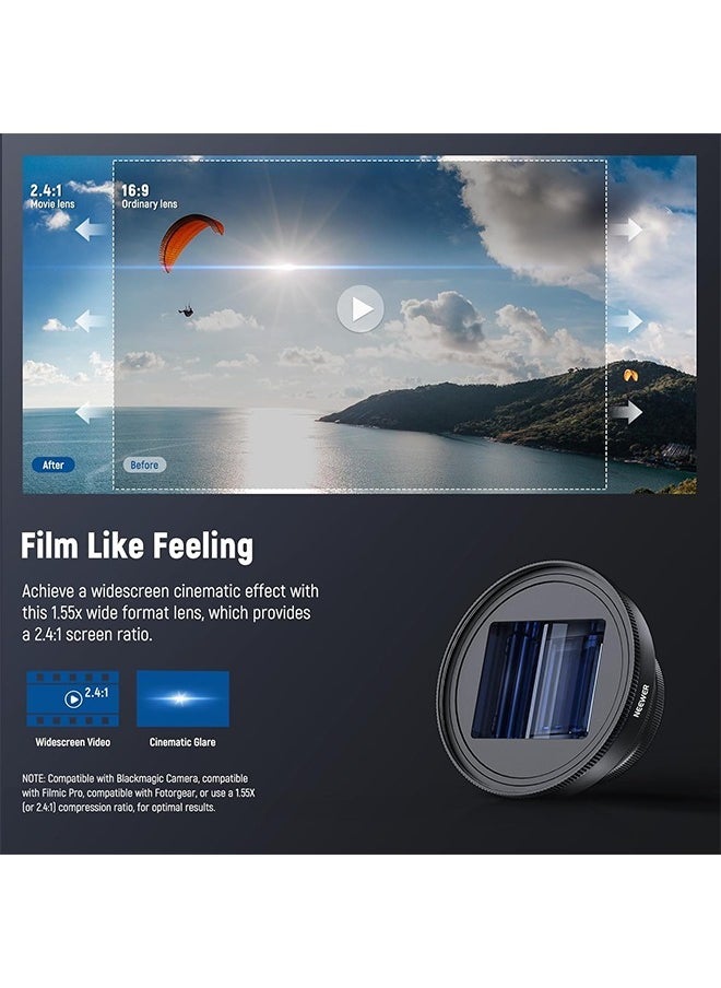 Neewer NEEWER PRO 1.55x Anamorphic Phone Lens with Blue Flare, 17mm Lens Clamp and 72mm Lens Filter Adapter Ring, Compatible with iPhone Samsung, Cinematic Wide Screen and Pro Video Effects, LS-43 PRO  - Image 2