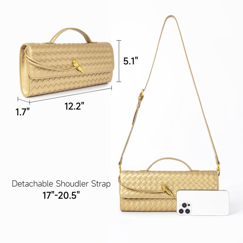 Joryin Woven Purse for Women Evening Clutch Woven Leather Handbags Crossbody Bag Purse Formal Evening Bag, Champagne Gold - Image 4