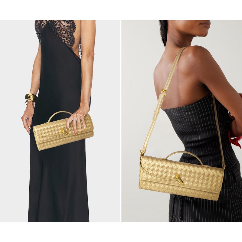Joryin Woven Purse for Women Evening Clutch Woven Leather Handbags Crossbody Bag Purse Formal Evening Bag, Champagne Gold - Image 2