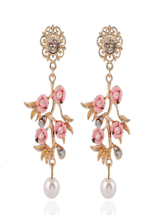 Shining Diva Cinderella Collection By Shining Diva Fancy Pink Flower & Golden Hanging Earrings For Girls(7270er) - Image 2