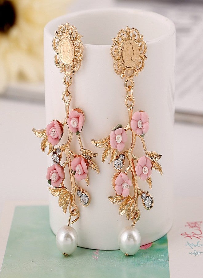 Shining Diva Cinderella Collection By Shining Diva Fancy Pink Flower & Golden Hanging Earrings For Girls(7270er) - Image 5