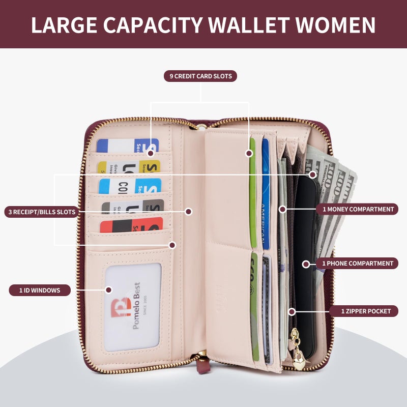 Pomelo Best Womens Wallet RFID Blocking Leather Multi Credit Card Large Capacity Zip Around Wallets Clutch Wristlet Travel Long Purse for Lady Red - Image 2