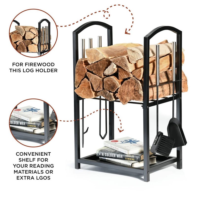 Home-it HOME IT Firewood Rack Indoor Outdoor - 2-Tier Firewood Holder with Fireplace Tools Set, Brush, Shovel, Poker, Tongs - Waterproof Steel Pipe Log Holder, Black Stove Wrought Iron - 17x12x29 - Image 5