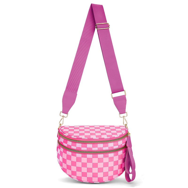 Lushandy Bum Bag Women's Checkered Crossbody Bag Nylon Cross Body Bags Plaid Mom Everyday Purse for Travel (Checkered Pink) - Image 1