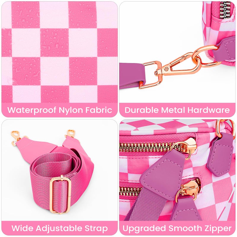 Lushandy Bum Bag Women's Checkered Crossbody Bag Nylon Cross Body Bags Plaid Mom Everyday Purse for Travel (Checkered Pink) - Image 3