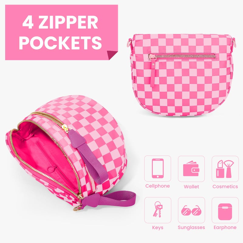 Lushandy Bum Bag Women's Checkered Crossbody Bag Nylon Cross Body Bags Plaid Mom Everyday Purse for Travel (Checkered Pink) - Image 4