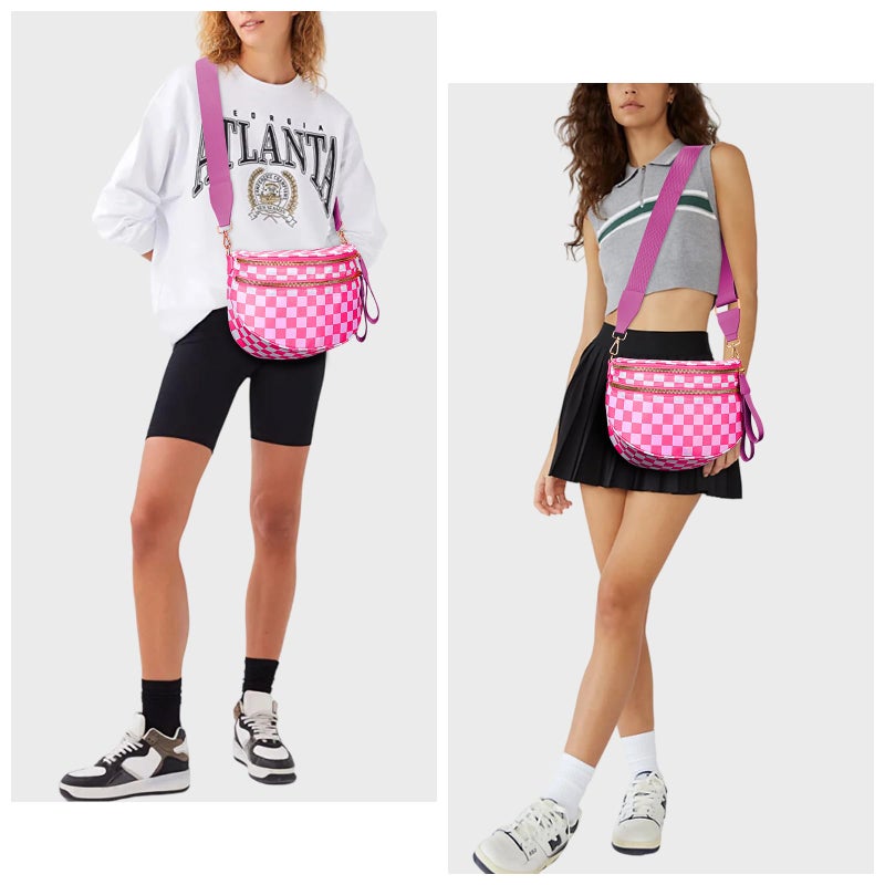 Lushandy Bum Bag Women's Checkered Crossbody Bag Nylon Cross Body Bags Plaid Mom Everyday Purse for Travel (Checkered Pink) - Image 2